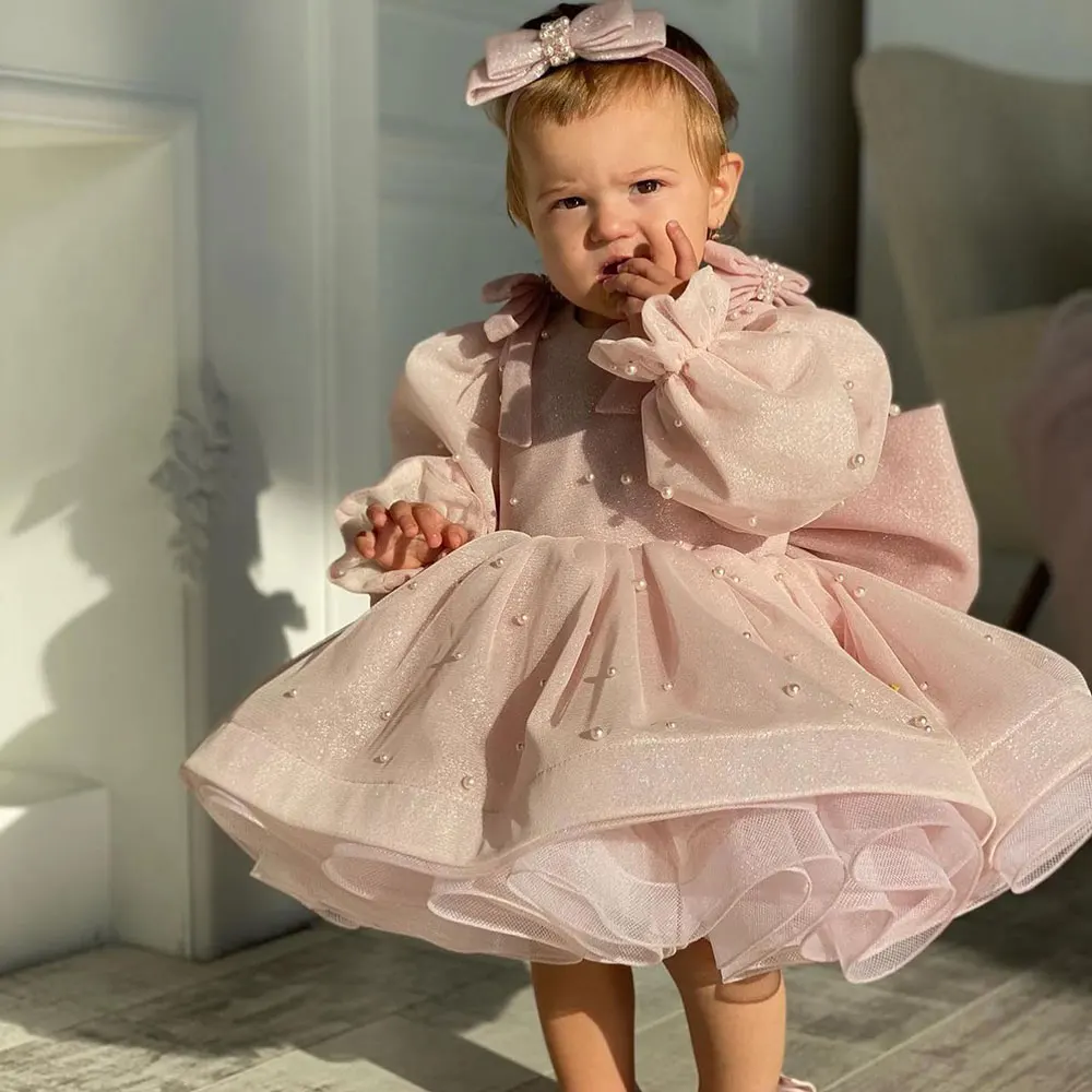 

Jill Wish Luxury Dubai Pink Girl Dress Pearls Bow Arabic Baby Kids Wedding Birthday First Communion Party Gown 2024 Pageant J333