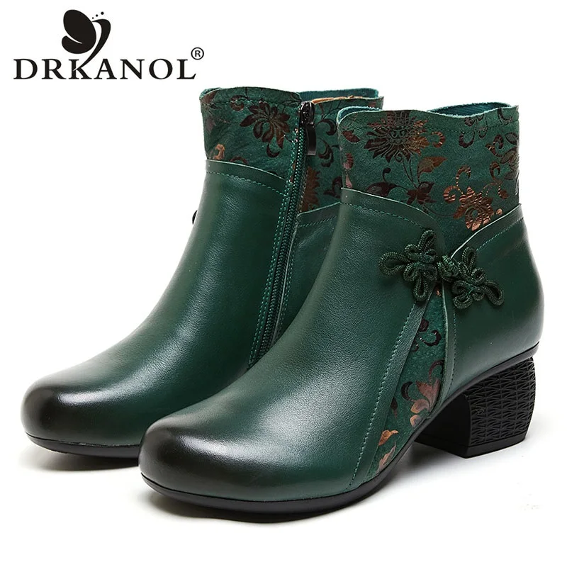 

DRKANOL Winter Warm Shoes Women Printing Genuine Cow Leather Thick Heel Ankle Boots National Style Zipper Casual Short Boots