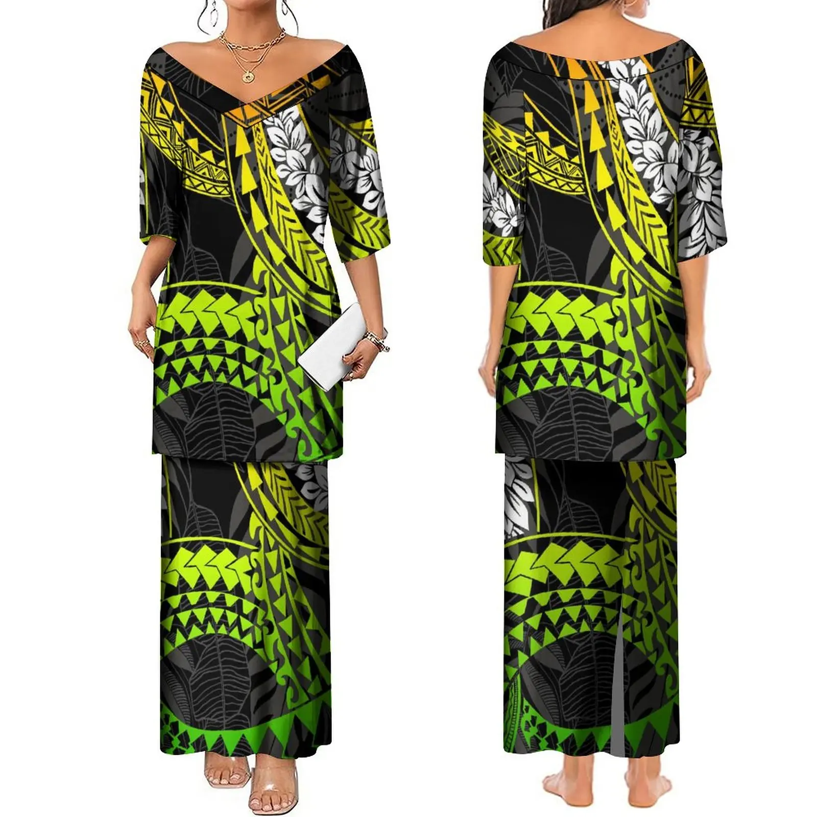 

Summer Short Sleeve Dress Customized Polynesian Tribal Ethnic Art Print Dress Puletasi Dress Evening Style V-Neck Long Dress