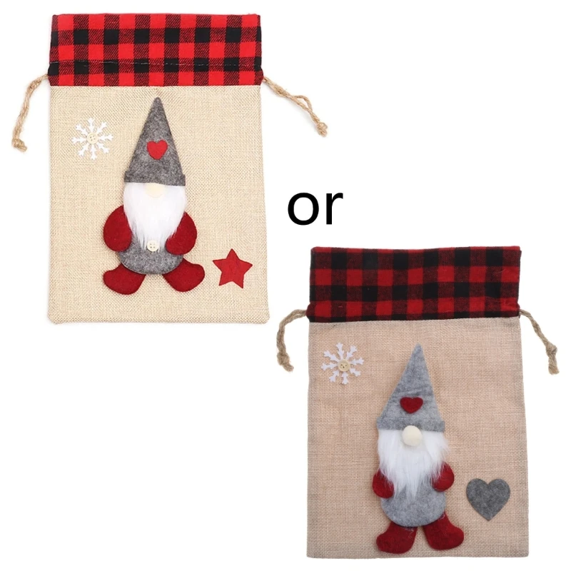 

Christmas Gnome Gift Bag Red Plaid Burlap Home Holiday Candy Package Bag