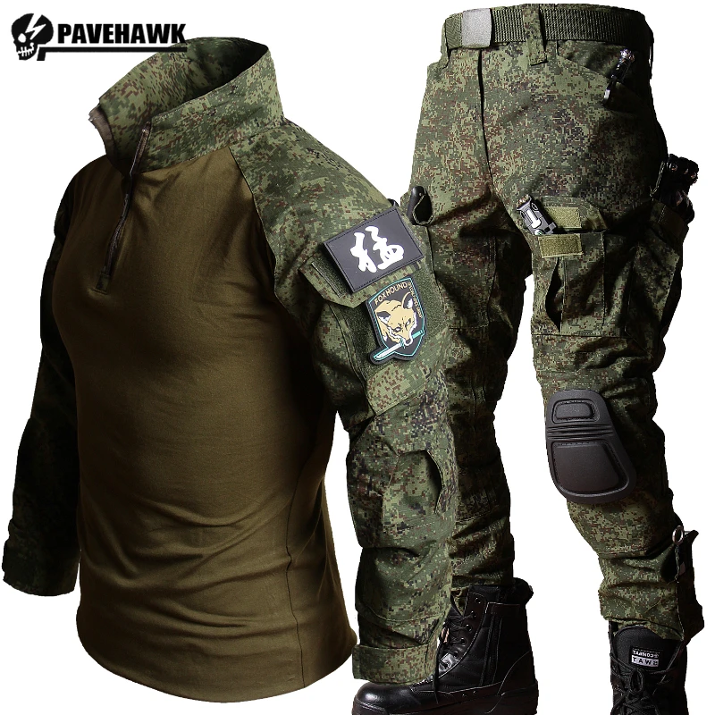 

Combat Quick Drying Camo Set Mens Multi Pocket Tactical Tops+Wear-Resistant Cargo Pants Suit Field Shooting Training Uniform