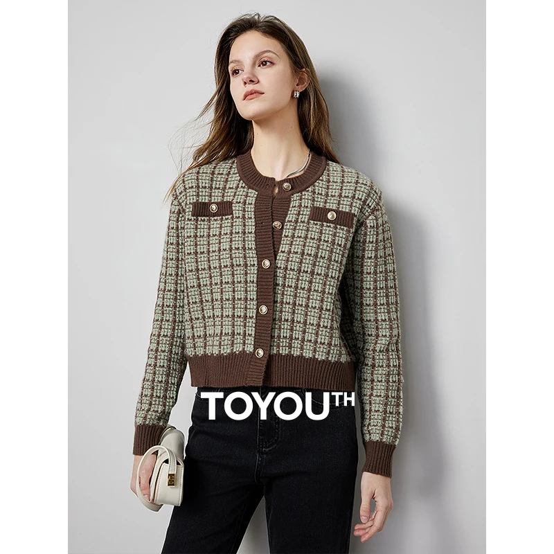 

TOYOUTH Women Knitted Cardigan Sweaters 2024 Spring New Vintage Lattice Single-breasted Pocket O Neck Long Sleeve Outwear Tops