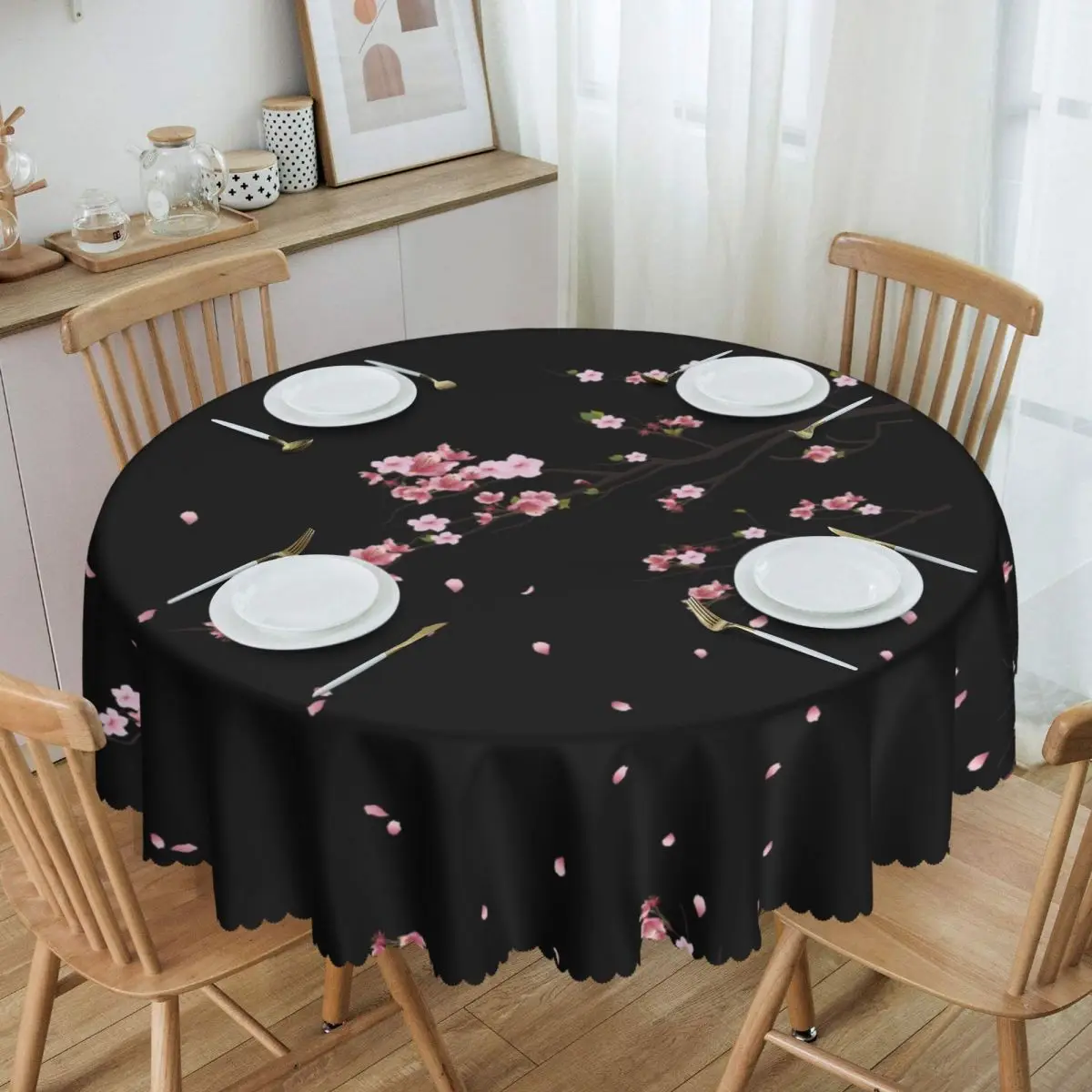 

Japanese Sakura Branch Tablecloth Round Waterproof Flowers Floral Cherry Blossom Table Cover Cloth for Banquet 60 inch
