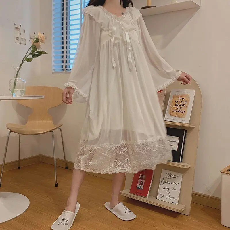 Spring Autumn Women Long-sleeved Nightdress 2024 New Lace Mesh Pajamas Lacework Bow Nightgown Solid Color Perspective Pyjamas
Spring Autumn Women Long-sleeved Nightdress 2024 New Lace Mesh Pajamas Lacework Bow Nightgown Solid Color Perspective Pyjamas