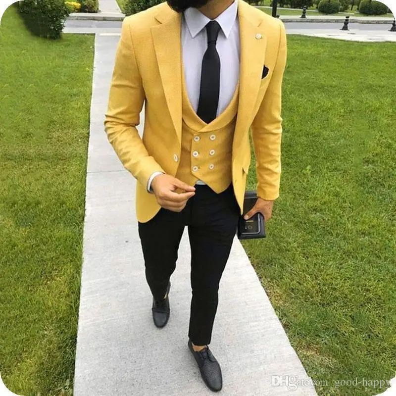 

Yellow Groom Tuxedos Notch Lapel Groomsman Wedding 3 Piece Suit Fashion Men Business Prom Party Jacket Blazer(Jacket+Pants+Vest