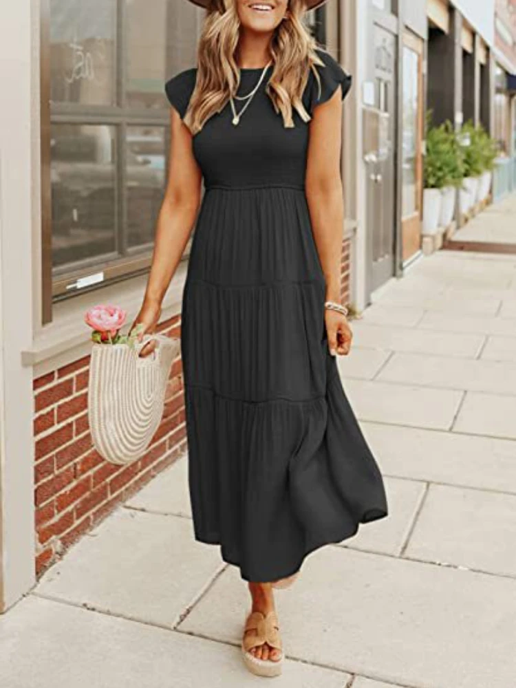 

2023 European American Summer Women Clothing Dress O-neck Flying Sleeves Pleated Layered Solid Short Sleeve Big Swing Dresses