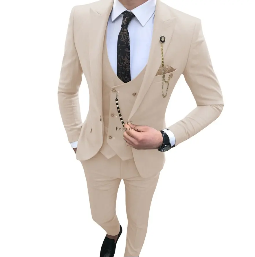

50 Men Suits Slim Fit 3 Pieces Prom Tuxedos Peaked Lapel Blazer Groomsmen Wedding Tailor Made Costume Homme (Jacket+Vest+Pants)