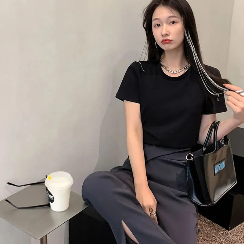 Round Collar Solid Short Sleeve T-shirt Girls Chic Irregular Bandage Slim Crop Tops For Woman 2023 Summer All-Match Casual Basic
Round Collar Solid Short Sleeve T-shirt Girls Chic Irregular Bandage Slim Crop Tops For Woman 2023 Summer All-Match Casual Basic