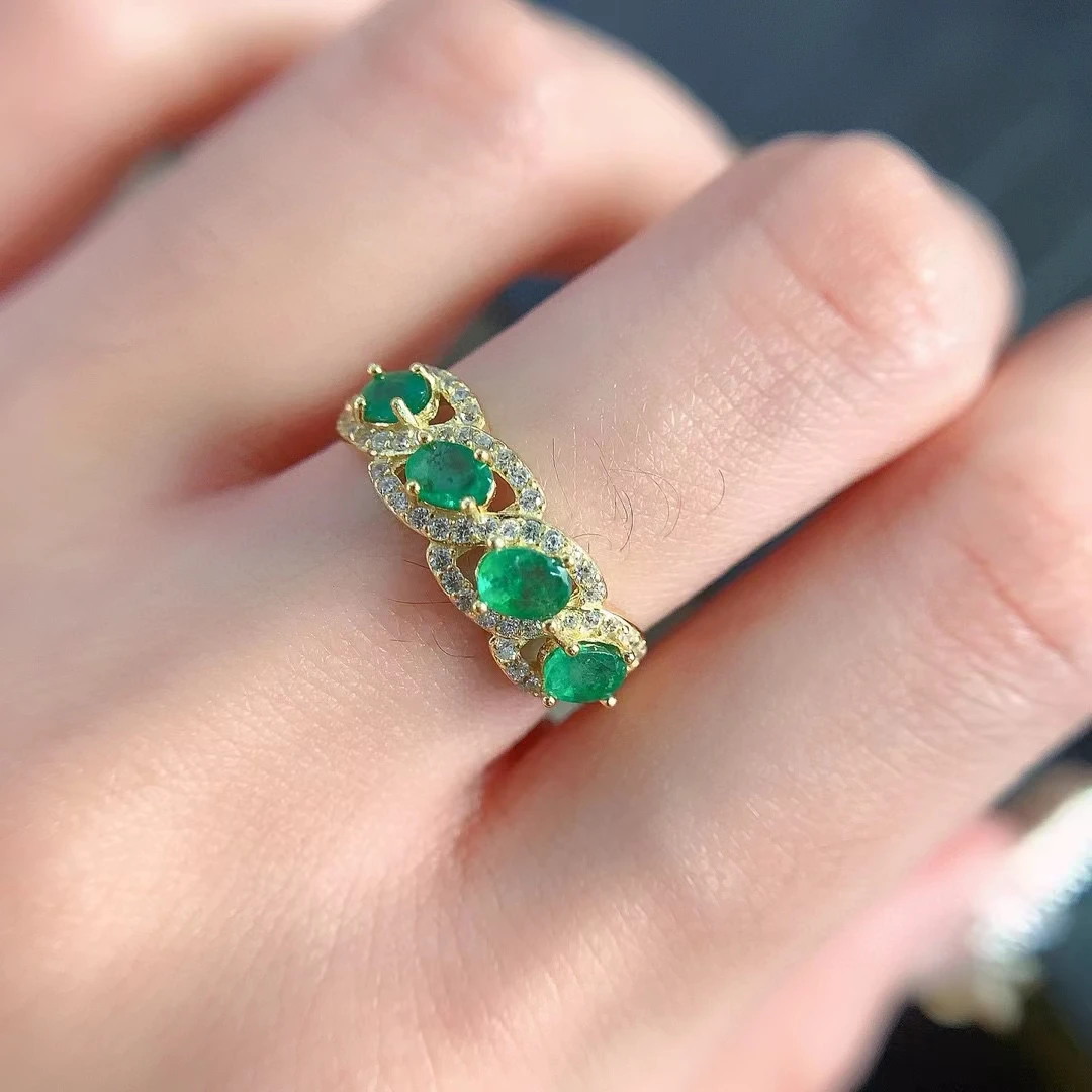 

Colombia Emerald Ring for Office Woman 3mm*4mm Natural Emerald 925 Silver Ring with 3 Layer 18K Gold Plated Gemstone Jewelry