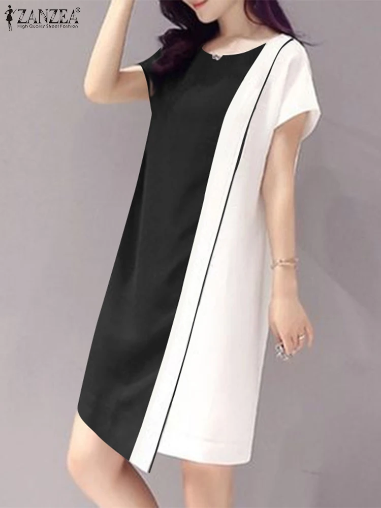 

ZANZEA Women Solid Vestido Fashion Summer Colorblock Mini Dress Casual Asymmetrical Short Sleeve Robe Vintage Stitching Sundress