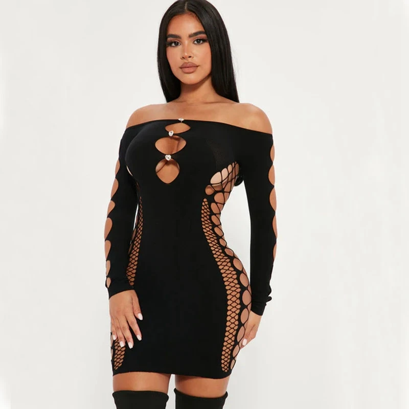 

Short Dresses Black Lace Knitted One-piece Mini Dress 2024 Summer Off Shoulder Side Hollow Sexy Women Nightwear Vintage Clothes