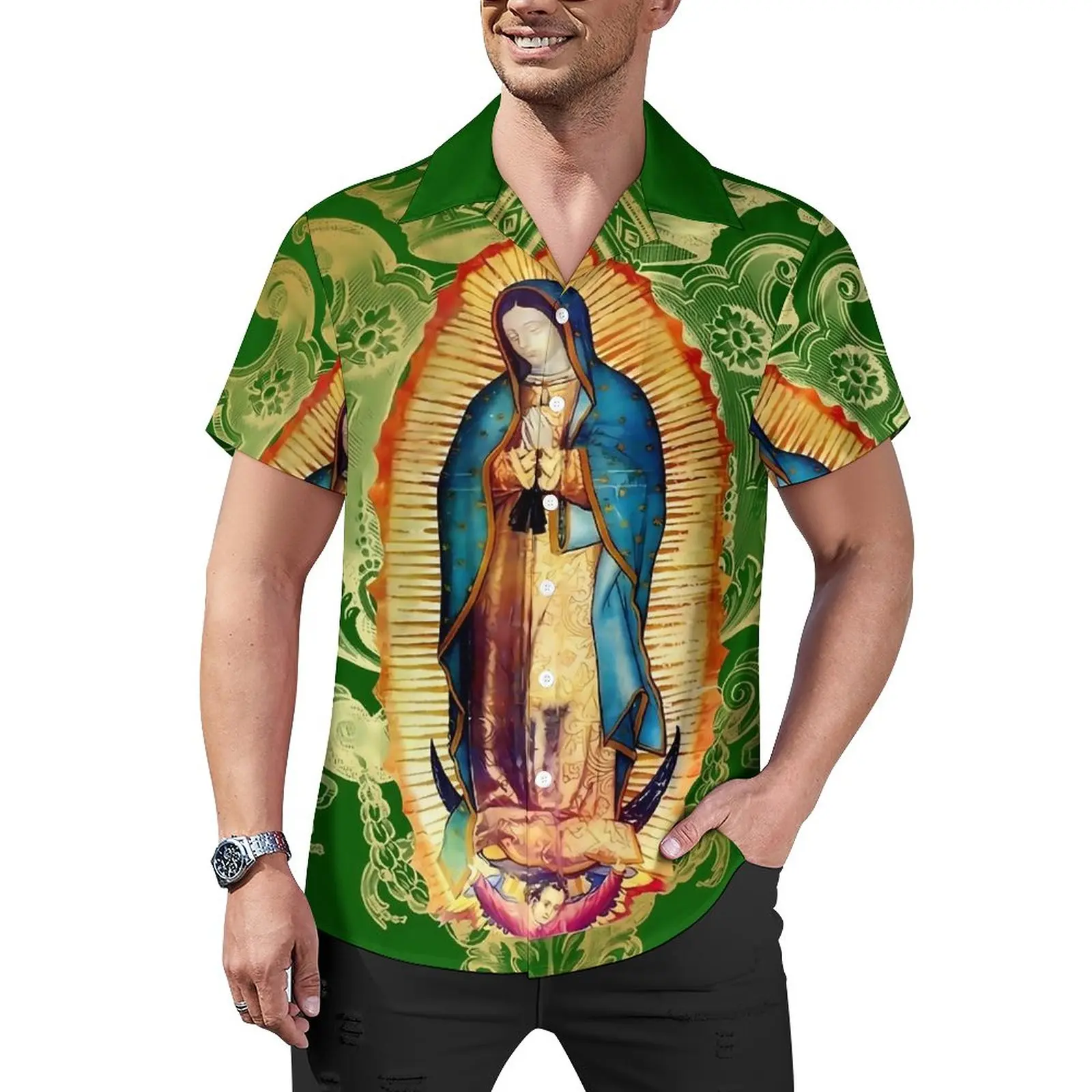 

Virgin Mary Mexico Beach Shirt Our Lady of Guadalupe Hawaii Casual Shirts Male Cool Blouses Short-Sleeve Print Clothes Plus Size