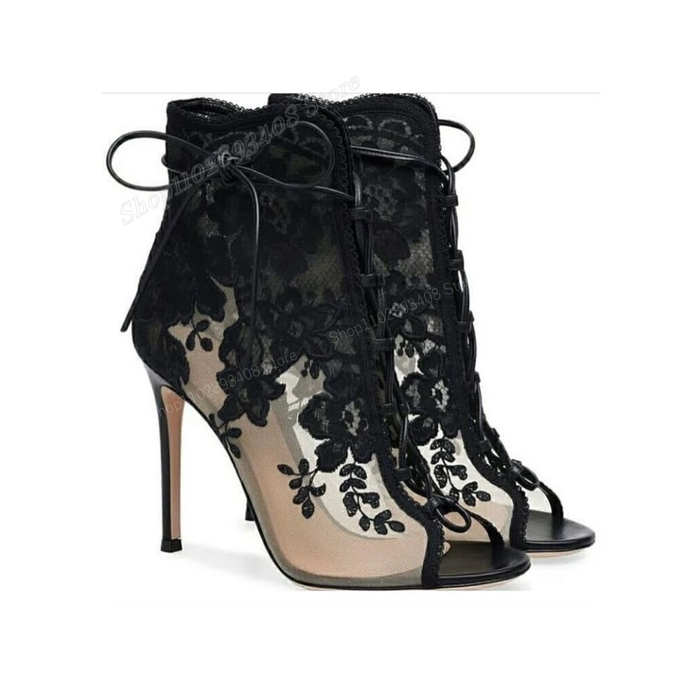 

Black Flower Lace Hollow Ankle Boots Strappy Peep Toe Stiletto High Heel Fashion Sexy Women Shoes 2024 New Zapatos Para Mujere
