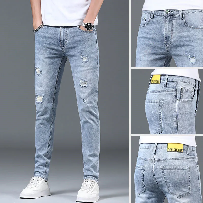 

Весенне-Летние Стильные корейские рваные Стрейчевые мужские облегающие рабочие джинсовые брюки с эритросиними повседневными джинсами, роскошные мужские джинсы