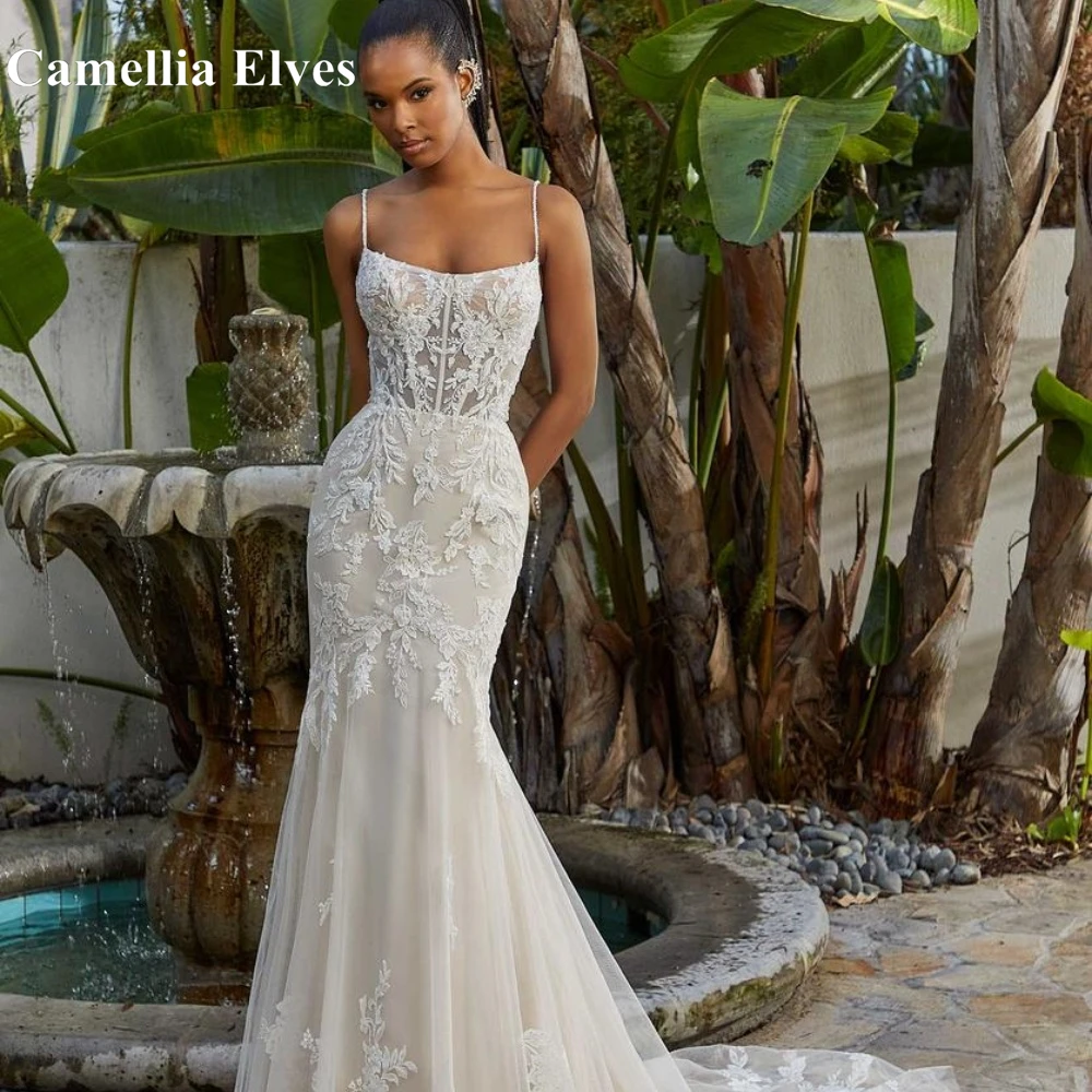 Modest Mermaid Wedding Dress Tulle Square Neck With Spaghetti Straps Sleeveless Lace Applique Button Backless Bridal Gowns
Modest Mermaid Wedding Dress Tulle Square Neck With Spaghetti Straps Sleeveless Lace Applique Button Backless Bridal Gowns