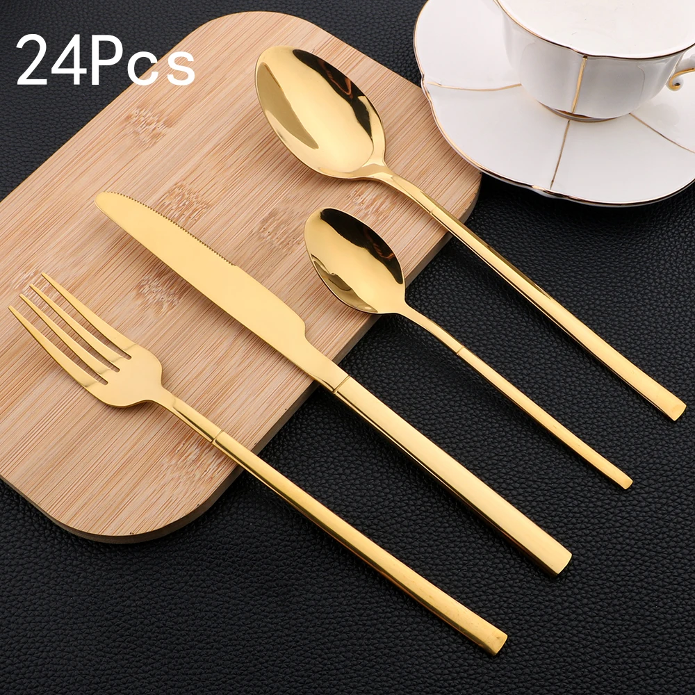 

24Pcs Tableware Sets Knives Forks Tea Spoons Dinnerware Gold Flatware Stainless Steel Silverware Party Cutlery Set
