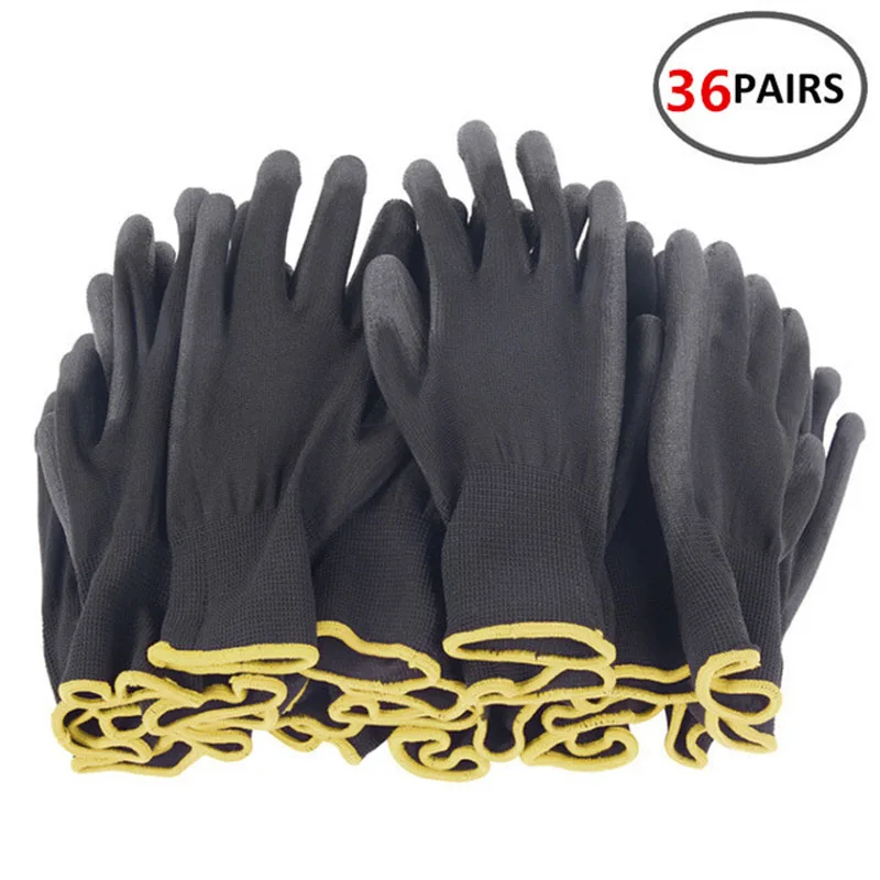 

12 Pairs S/M/L Nylon PU Safety Working Gloves Builders Grip for Palm Coating Gloves Carpenters Maintenance Workers Supplies