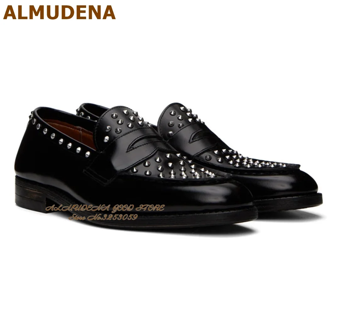 

ALMUDENA Men's Black Matte Leather Silver Rivets Business Shoes Sli-on Rivets Formal Dress Shoes Bridegroom Footwear Size46