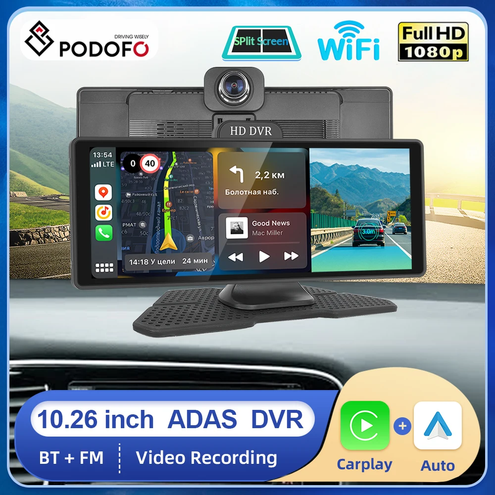 

Podofo 10.26inch Car DVR ADAS Dash Cam Front and Rear Camera Wireless Carplay Android auto BT FM AUX Dashboard Recorder