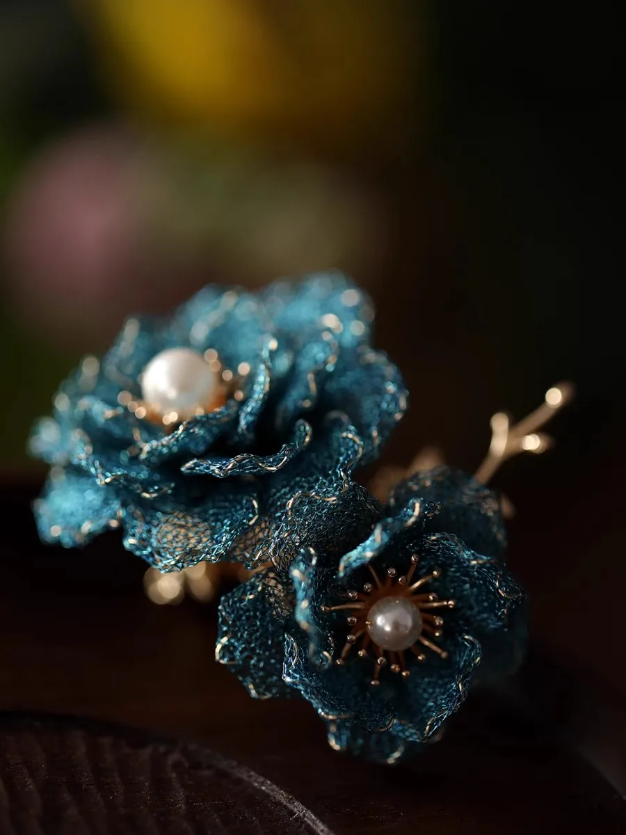 

FXLRY Original Design Handmade Hand-woven Blue Peony Brooch For Women Accessories Corsage Coat Pin