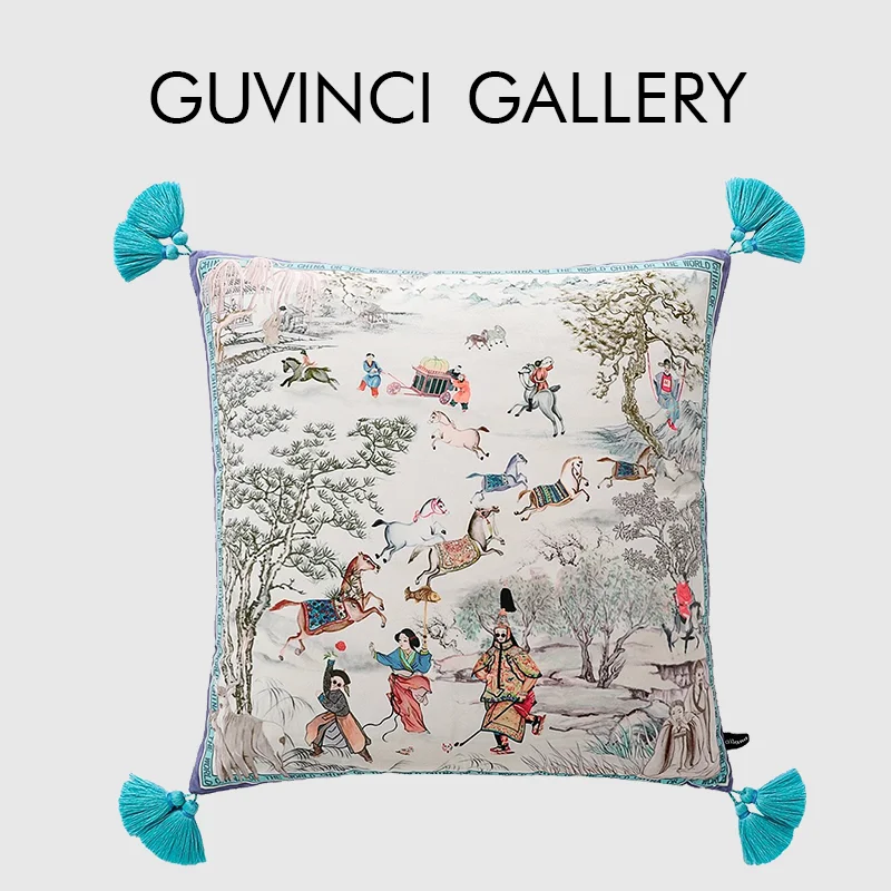 

GUVINCI Chinese Ancient Royal Hunting Scene Themed Throw Pillow Cover Chinoiserie Motif Cushion Cases For Villa Hotel Office