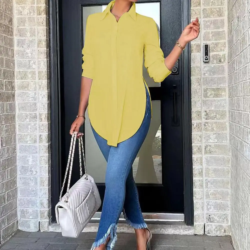 

Women Lapel Long Sleeve Shirt Tops Side Split Asymmetrical Hem Solid Color Single Breasted Casual Tunic Shirt Workwear