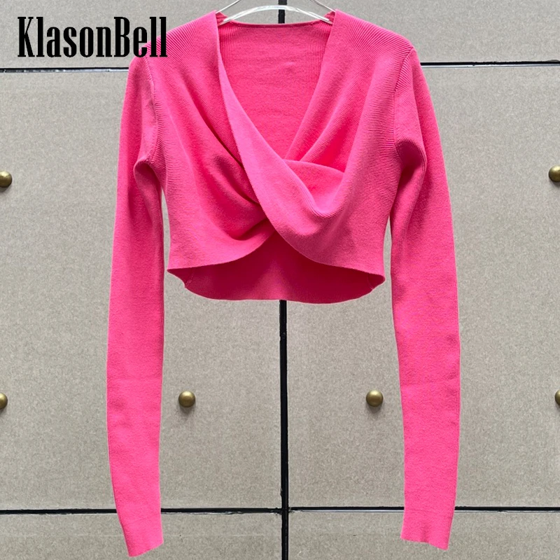 

11.22 KlasonBell Fashion Sexy Criss-Cross Knot V-Neck Long Sleeve Crop Cotton Knitwear Women