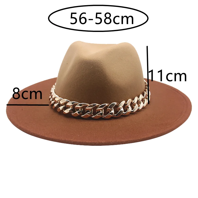 

Fedora Hats Gradient Color Band Chain Jazz Caps Wide Brim Casual Formal Church Wedding Khaki Camel Women Hats Sombreros De Mujer