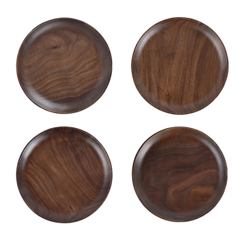 

4Pcs Wooden Plates Dishes 7.87 Inch Round Walnut Wood Plate Set Fruit Dessert Plate Sushi Snack Dish Serving Tray Wood Tableware