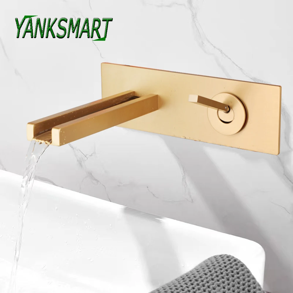 

YANKSMART Brushed Gold Bathroom Faucet Wall Mounted Brass Bathtub Faucets Basin Sink Waterfall Mixer Tap Single Lever Water Taps