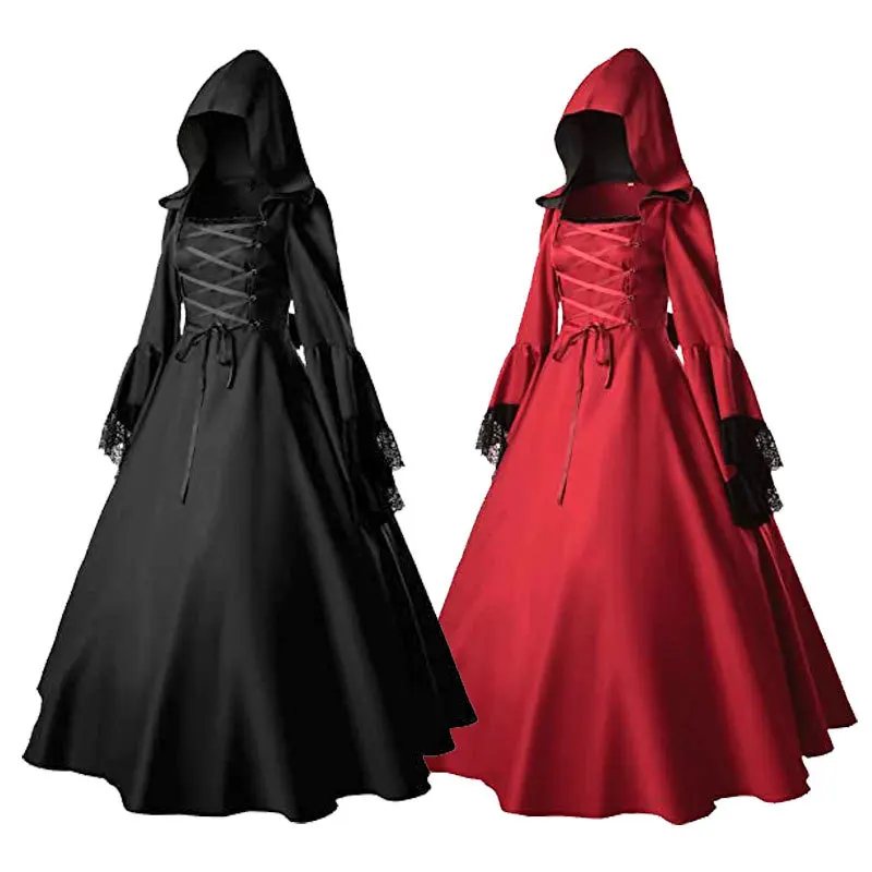 

Medieval Renaissance Victorian Ball Gowns Cosplay Costume England Queen Flared Sleeve Women Vintage Halloween Hooded Dress