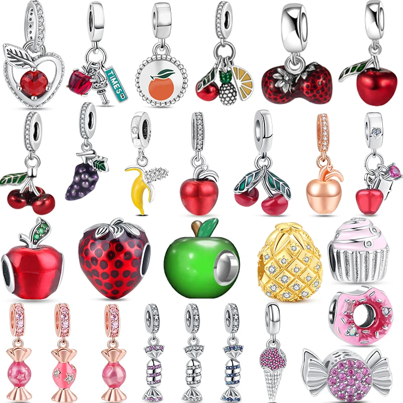 

New 925 Sterling Silver Grape Cherry Apple Charms Candy Beads Banana Dangle Fit Original Pandora Bracelet DIY Women Pendant Gift