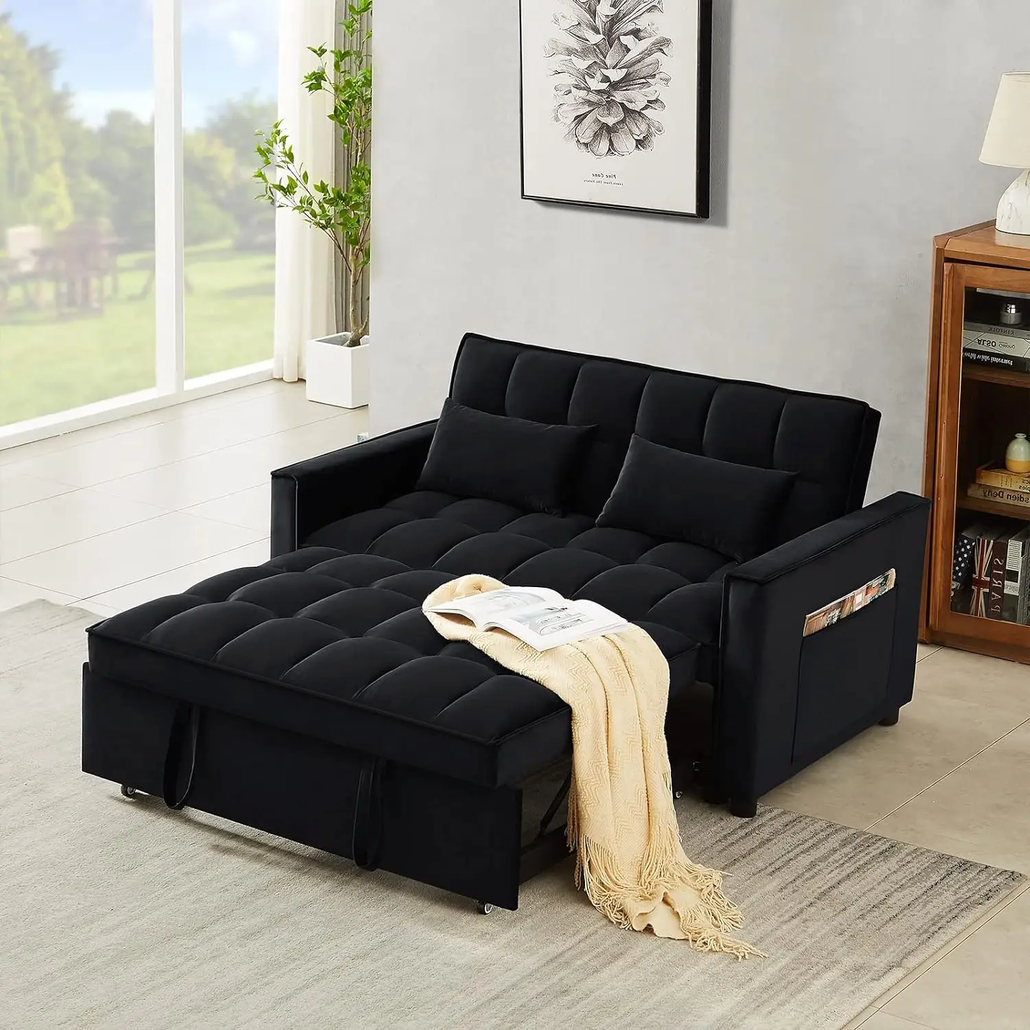 

3 in 1 Convertible Sleeper Loveseat, Futon Sofa Couch With Pullout Bed, Reclining Backrest, Modern Velvet Small Love Seat
