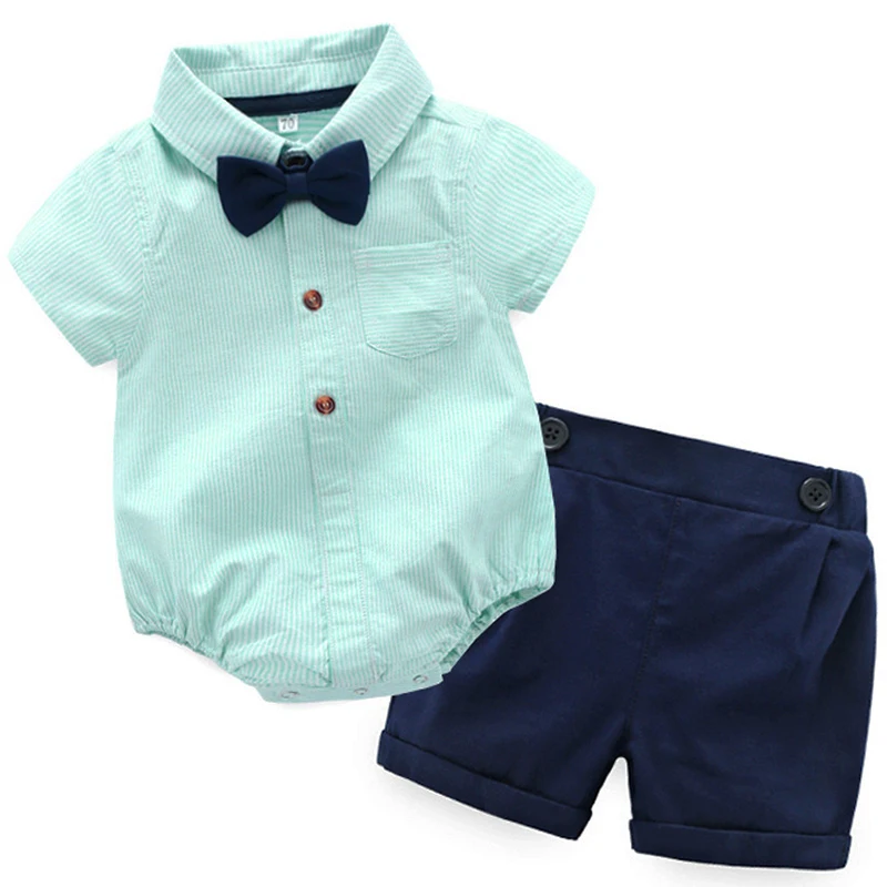 

3Piece Summer Toddler Boy Clothes Set Korean Fashion Gentleman Stripe Newborn Bodysuit+Shorts+Tie Baby Luxury Clothing BC1737