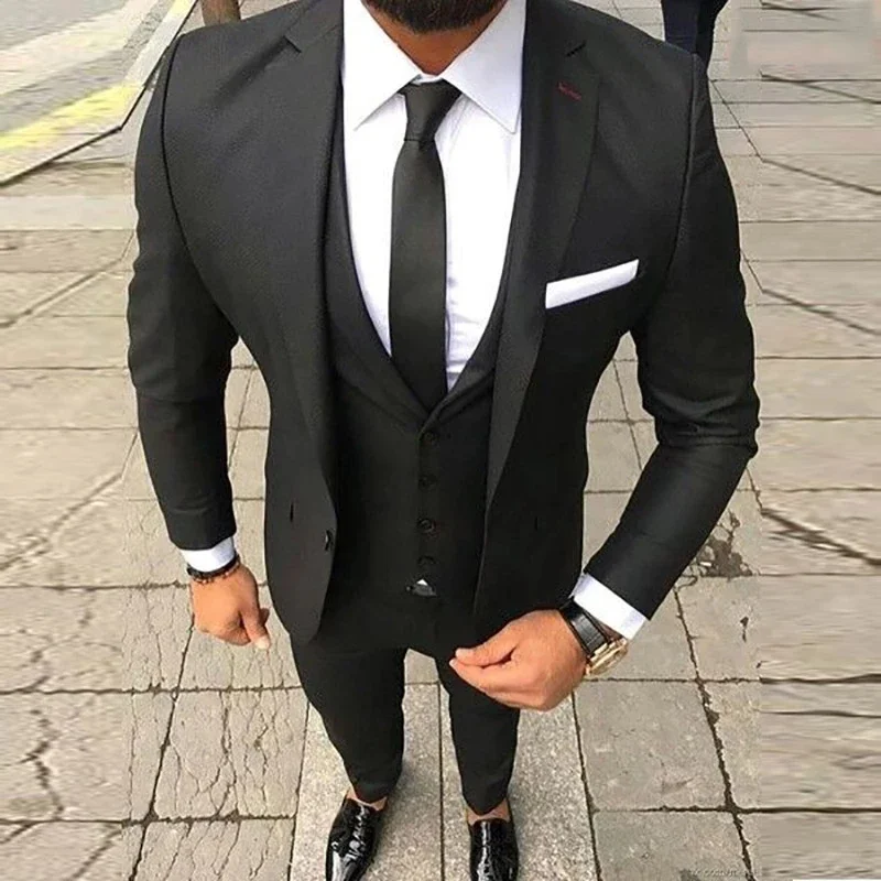 

Black Fashion Business Men Suit Smart Casual Slim Fit Blazers Hombre Notch Lapel High Quality Custom 3 Piece Set Costume Homme