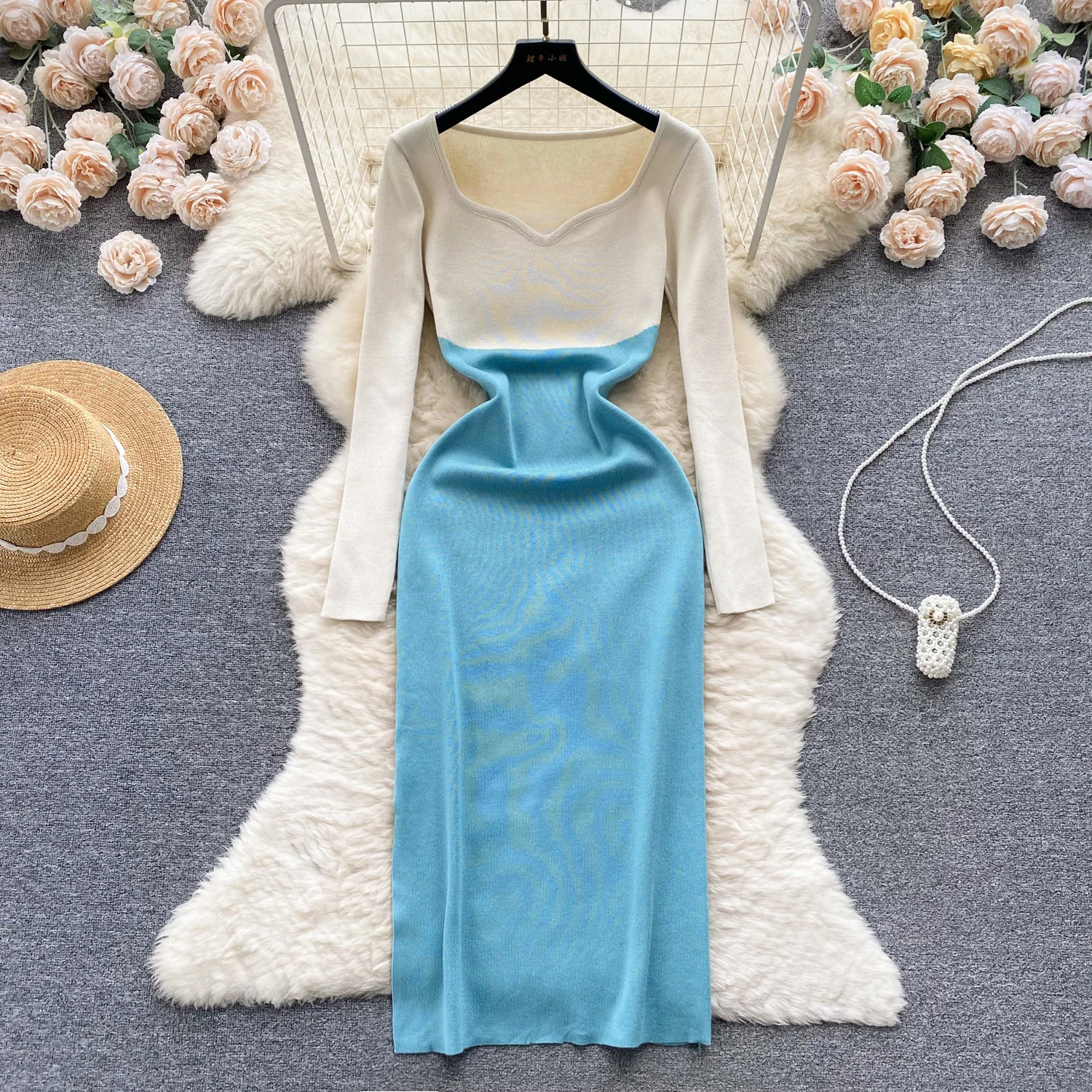 

Женское трикотажное платье-свитер, элегантное базовое облегающее платье составного кроя с квадратным вырезом и длинным рукавом, осенняя одежда