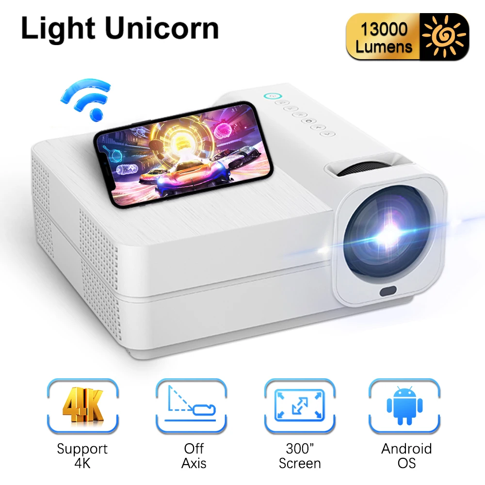 

Light Unicorn T28 4K 13000 Lumens LED Video Projector Android 5G WiFi 1080P Native 300Inch Home Cinema Theater Smart TV Beamer