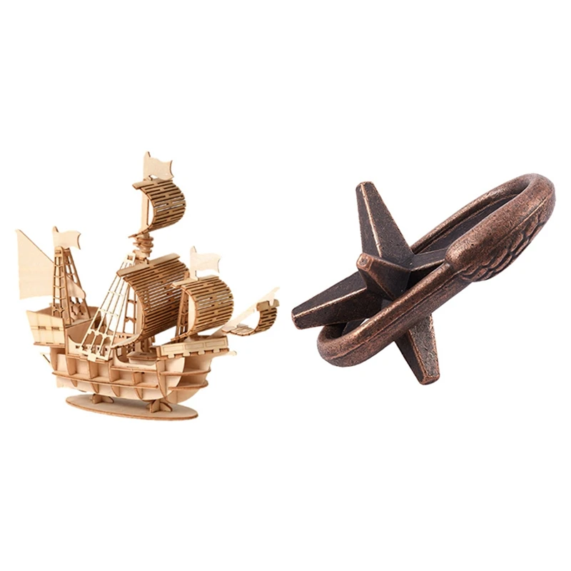 

1 Pcs Iq Mind Brain Teaser Colorful Jigsaw Board Puzzle Toy & 1 Pcs DIY Sailing Ship Toys 3D Wooden Puzzle Toy