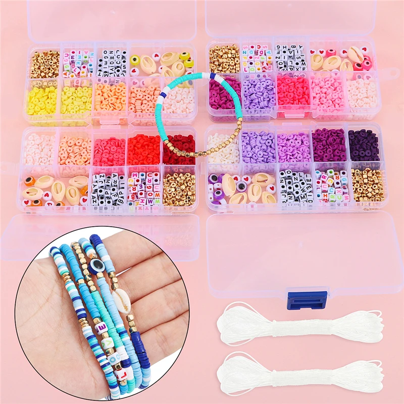 

Boxed Beads Kits for Jewelry Making, Polymer Clay, Acrylic Letter Seed Beads Set, Elastic Cord for Girls, DIY Bracelet, 10 Grid