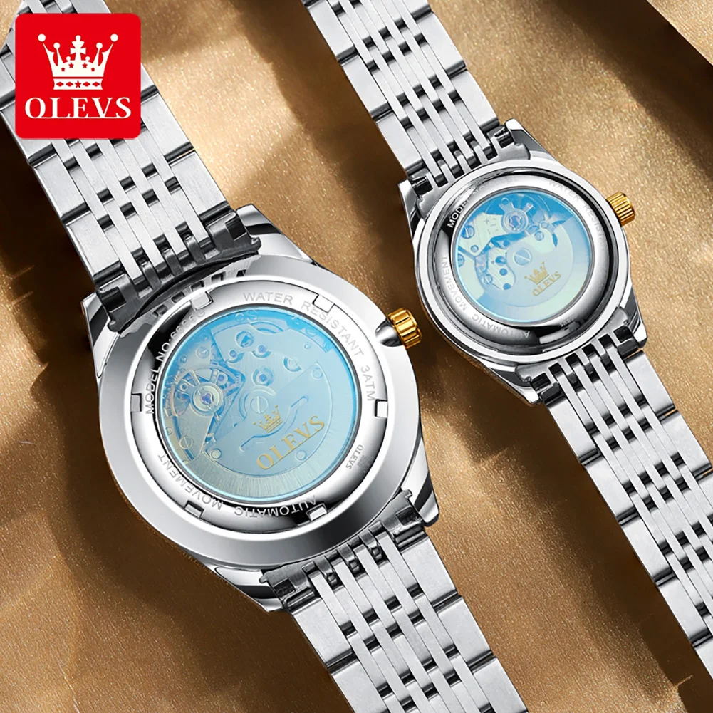 OLEVS-Montre mécanique entièrement automatique pour hommes et femmes, marque de luxe, calendrier des touristes, balance numérique, montre dorée étanche pour couple 2