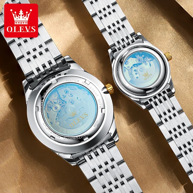 OLEVS-Montre mécanique entièrement automatique pour hommes et femmes, marque de luxe, calendrier des touristes, balance numérique, montre dorée étanche pour couple 2