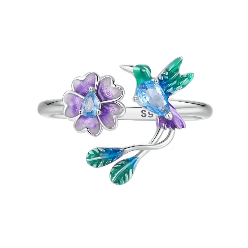 

Bamoer 925 Sterling Silver Enamel Dragonfly Opening Ring Shiny Zircon Flower Adjustable Ring for Women Party Fine Jewelry Gift