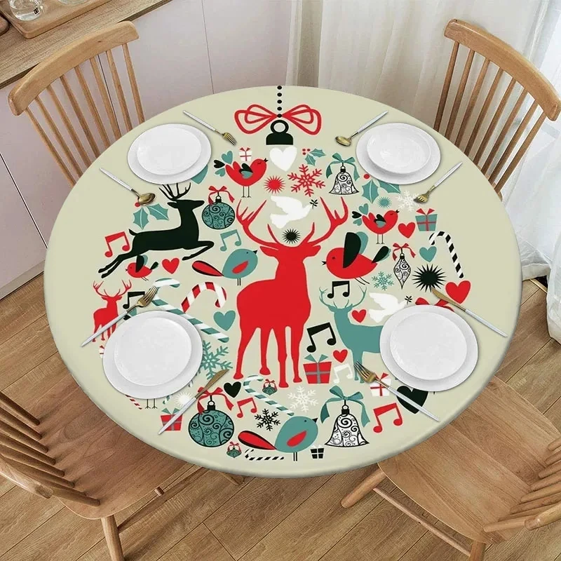 

Christmas Round Tablecloth Fitted Elastic Xmas Red Snowman Snowflake Dining Table Decoration Accessorie Home Kitchen Dining