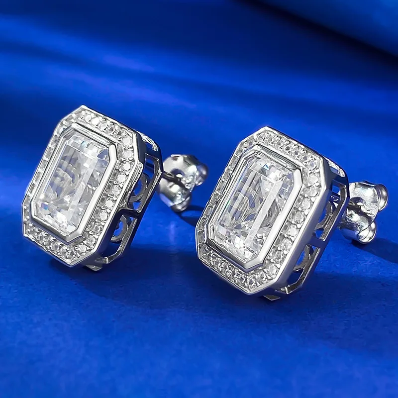 

New 925 silver imported high carbon diamond 8 * 10mm rectangular emerald cut earrings with luxurious inlay full of diamonds