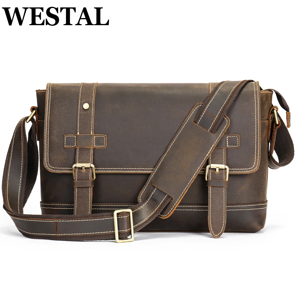 

WESTAL Crazy Horse Leather Men's Shoulder Bag For 13.3 Inch Laptop Messenger Crossbody Bags Handbags Briefcase Business Satchel