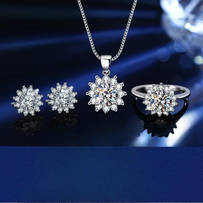 

Original S925 Sterling Silver Full Set of Moissanite Three-Piece Set Combination Ring Earrings Necklace Pendant High-End Jewelry