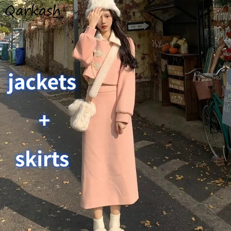 

Женские комплекты из 2 предметов, укороченные куртки неправильной формы, юбка миди с разрезом сзади в стиле преппи, милая теплая нежная эстетика, зимняя одежда для девушек в стиле ольччан