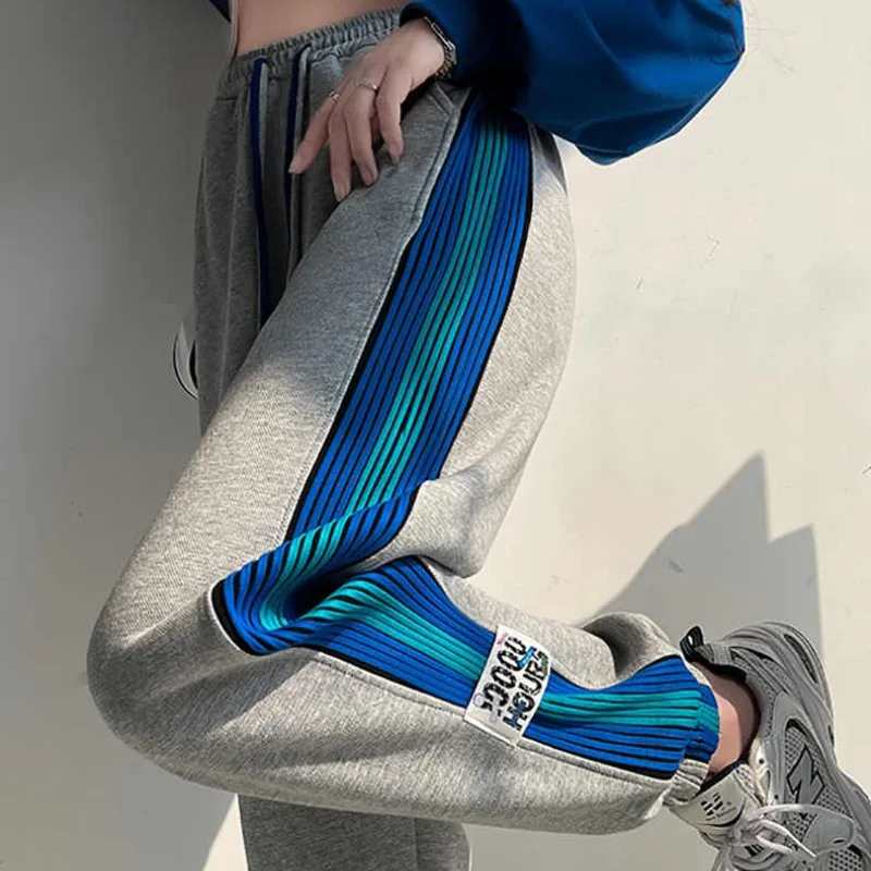 

Women's 2024 Spring and Autumn Fashion Casual Striped Spliced Epaulet Elastic High Waist Drawstring Sports Binding Harlan Pants