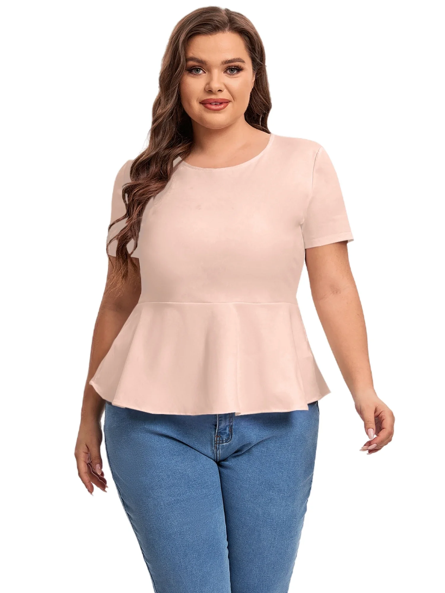 

Plus Size Short Sleeve Elegant Summer Peplum Tops Women Keyhole Back Ruffle T-shirt Tee Blouse Plus Size Clothing Women 5XL 6XL