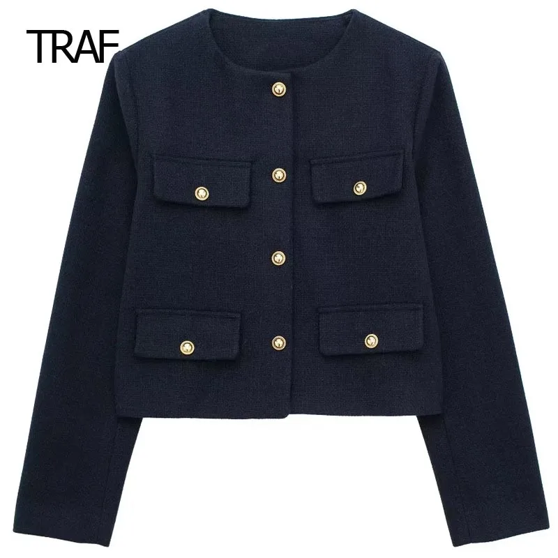 

TRAF Cropped Blended Coat Women's Bomber Jacket Spring 2024 O-Neck Long Sleeve Top New In Outwears Chic And Elegant Woman Coats